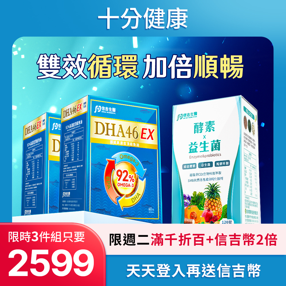 【信吉生醫】雙循環組合 （DHA46 EX 高濃度魚油 60粒 2盒+酵素益生菌 120粒 1盒）