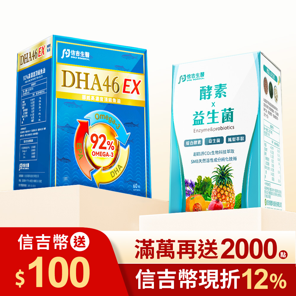 【信吉生醫】DHA46 EX 高濃度魚油 60粒 1盒+酵素益生菌 120粒 1盒