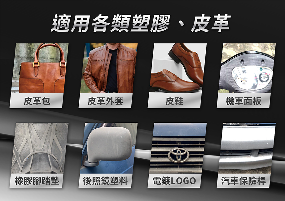神盾_塑料皮革還原劑_皮革包_橡膠腳踏墊_皮革外套_電鍍LOGO_汽車保險桿_皮鞋_機車面板