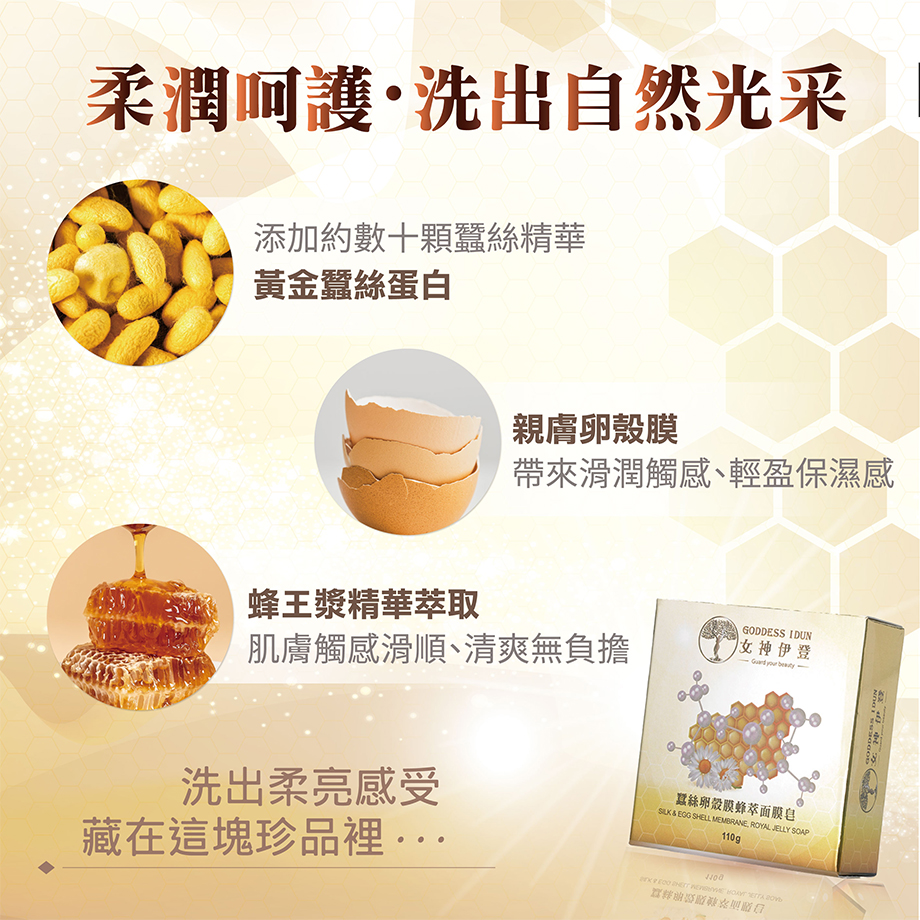 女神伊登_蠶絲面膜皂_黃金蠶絲蛋白_蜂王漿精華_軟殼膜