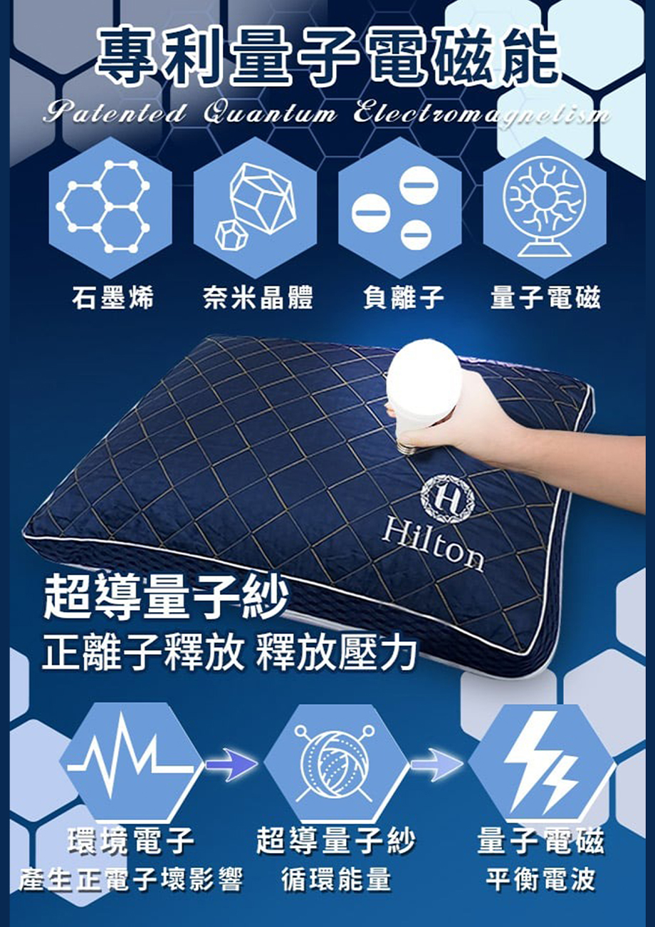 Hilton 希爾頓_石墨烯獨立筒冰涼釋壓枕_專利量子電磁能_石墨烯_奈米晶體_負離子