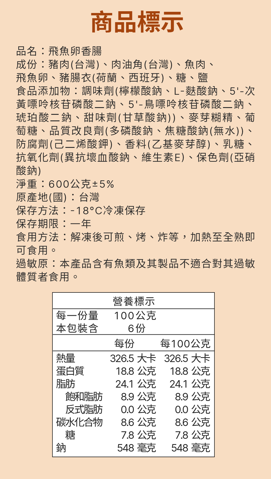 信吉生機_飛魚卵香腸_商品標示