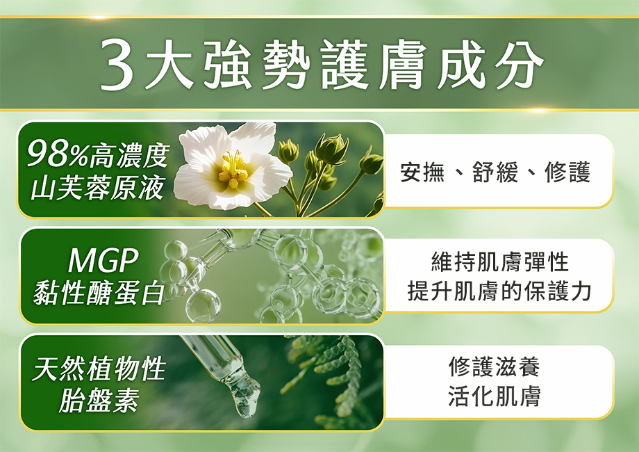山芙蓉草本修護凝膠_98%高濃度山芙蓉原液_MGP黏性醣蛋白_植物性胎盤素