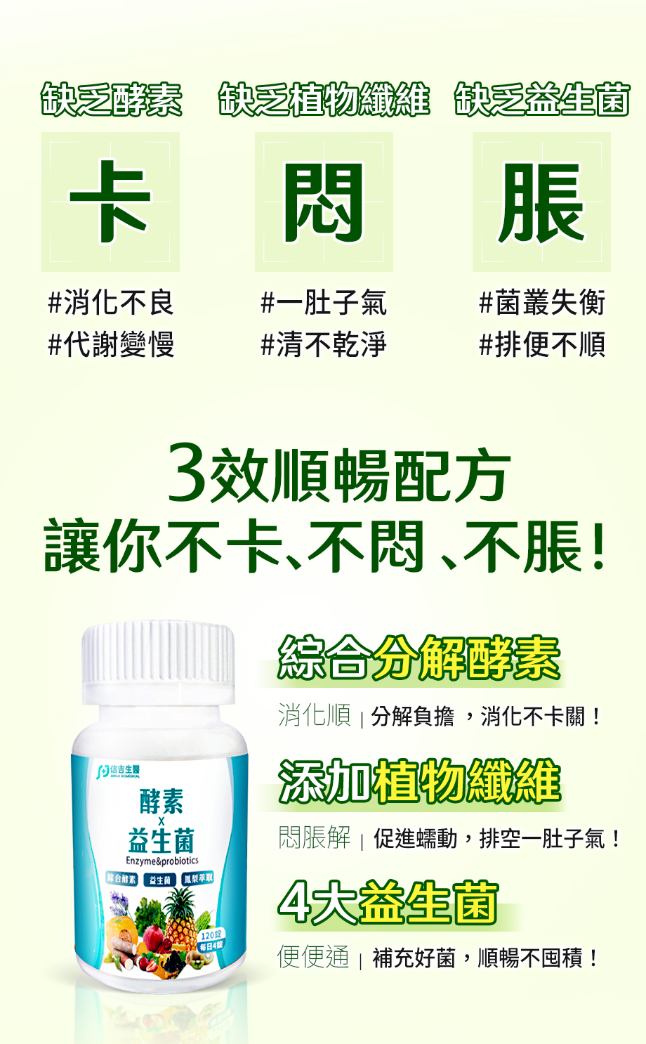 信吉生醫_酵素X益生菌_消化不良_代謝差_排便不順_分解酵素_植物纖維_益生菌