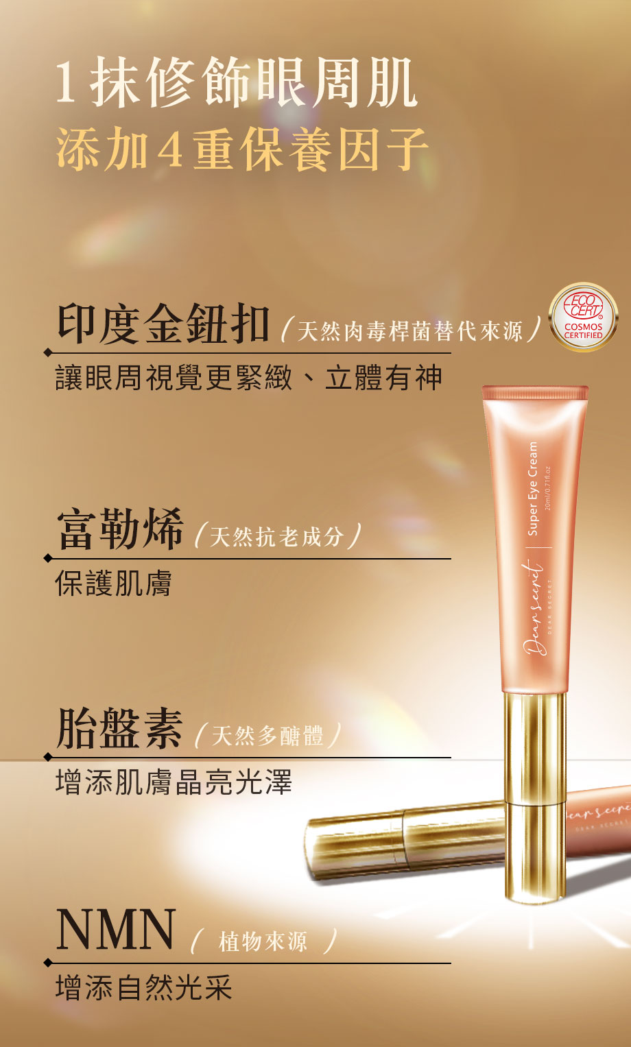 DEAR SECRET_超導NMN胎盤撫紋眼霜_印度金鈕扣_富勒烯_胎盤素_NMN